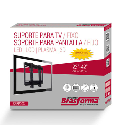 Embalagem Suporte FIXO ULTRA SLIM para TV LED, LCD, Plasma, 3D e Smart TV de 23” a 42” – Brasforma SBRP 203 – JÁ VEM MONTADO
